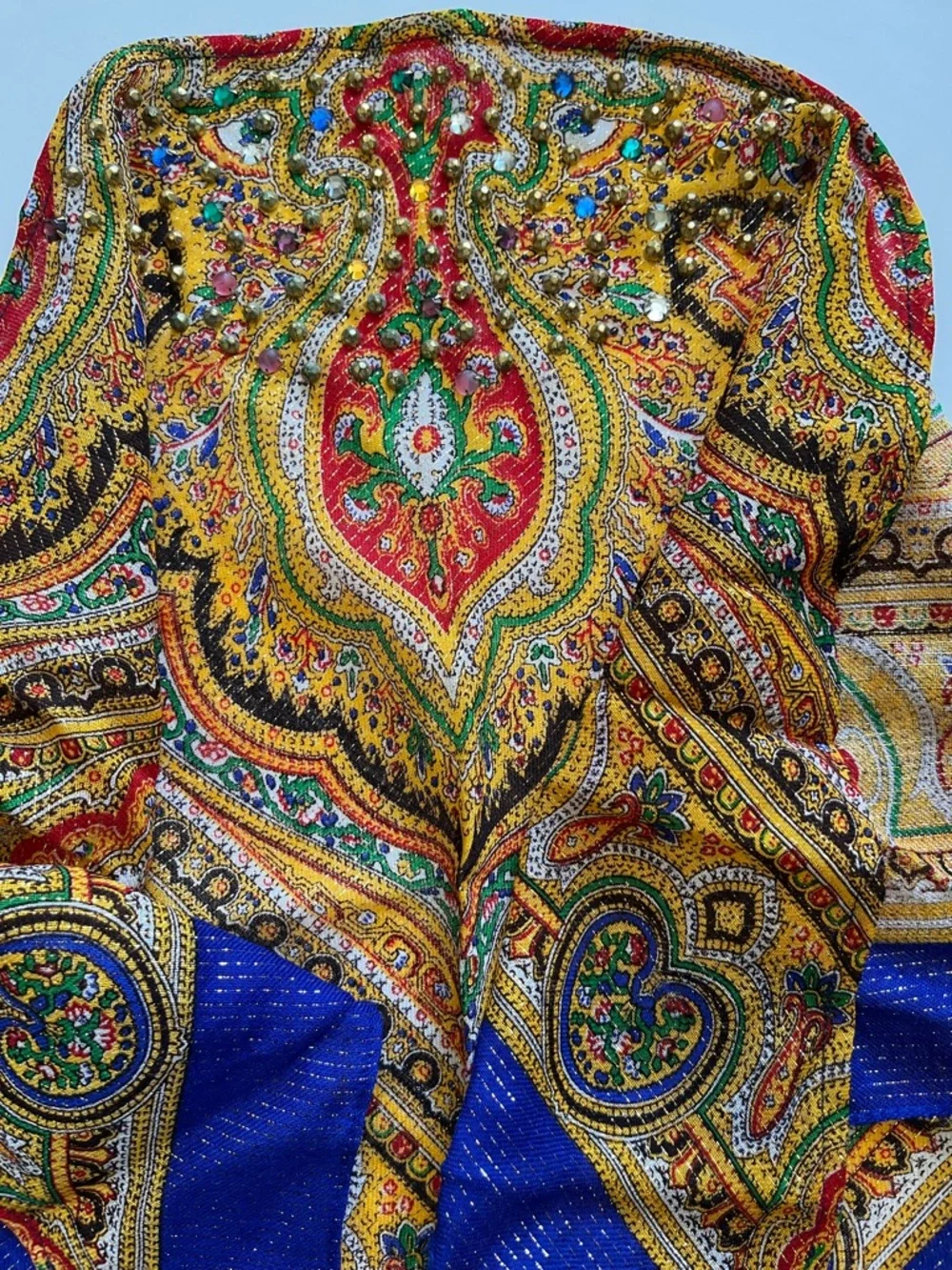 Vibrant Paisley Silk-Feel Scarf - Blue & Yellow - Picture 3 of 5
